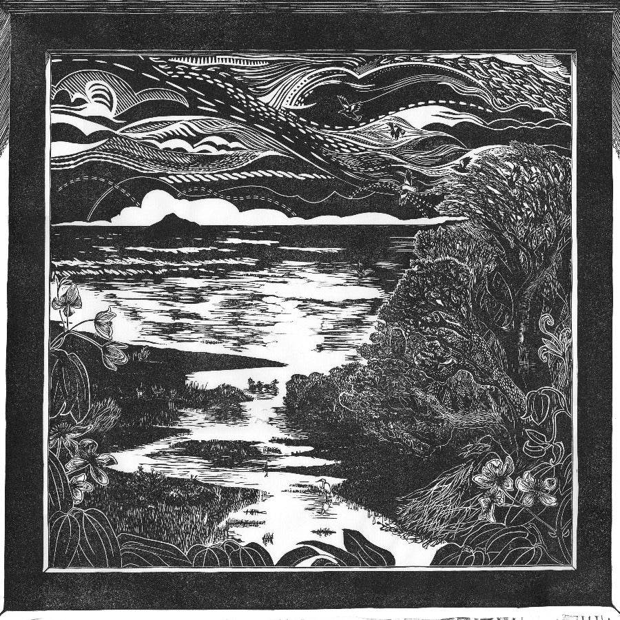 On the Cusp of the Tide by Cat Moore, a limited edition monochrome linocut print of a river joining the sea. | Handmade original art for sale at The Biscuit Factory Newcastle.
