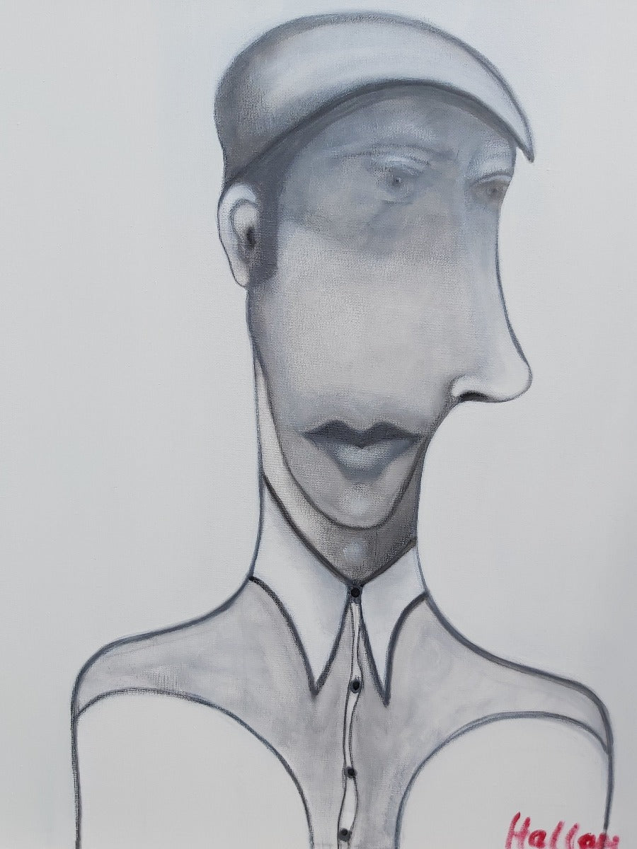 View and buy contemporary artwork online at The Biscuit Factory. 'On Ilkley Moor , an abstract portrait painting by Peter Hallam. Image shows a greyscale portrait painting of a man wearing a flat cap and a shirt in profile
