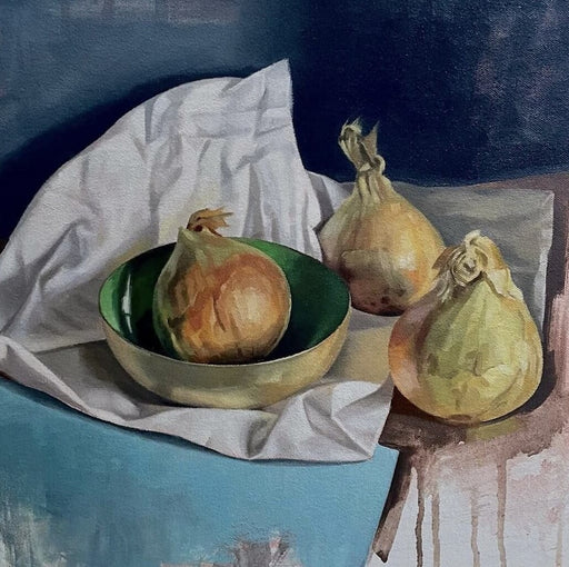 Onions with Enamel Bowl by Angelo Murphy, an original still life painting of onions. | Contemporary still life paintings for sale at The Biscuit Factory Newcastle