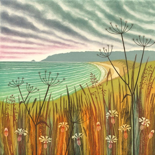 Buy 'On the Right Path' a landscape etching by Northumberland-based artist Rebecca Vincent. Image shows a colourful landscape of a seashore with a line of flowers and plants in the foreground.
