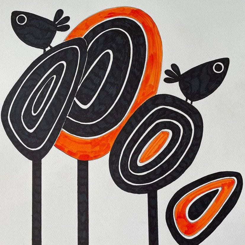 Orange Forest by Michael Disley, an art print of black birds on black and orange trees. | Art prints for sale at The Biscuit Factory Newcastle