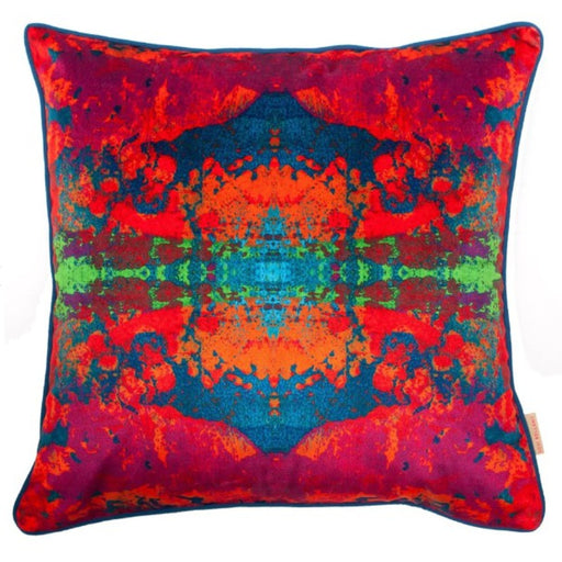 Paesaggio Scarlatto Kaleidoscope Cushion by Susi Bellam, an abstract and brighly coloured patterned cushion. | Original textile homewares for sale at The Biscuit Factory Newcastle
