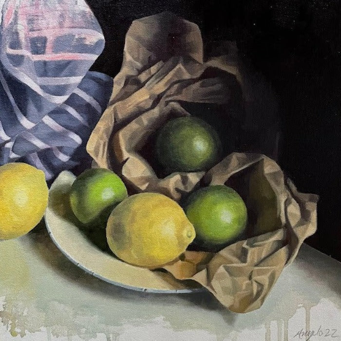 Paper Bag with Citrus Fruits by Angelo Murphy, an original painting of lemons and limes in a brown paper bag. | Contemporary still life art for sale at The Biscuit Factory Newcastle