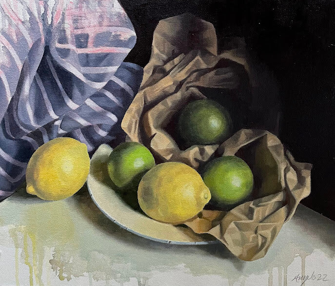 Paper Bag with Citrus Fruits by Angelo Murphy, an original painting of lemons and limes in a brown paper bag. | Contemporary still life art for sale at The Biscuit Factory Newcastle