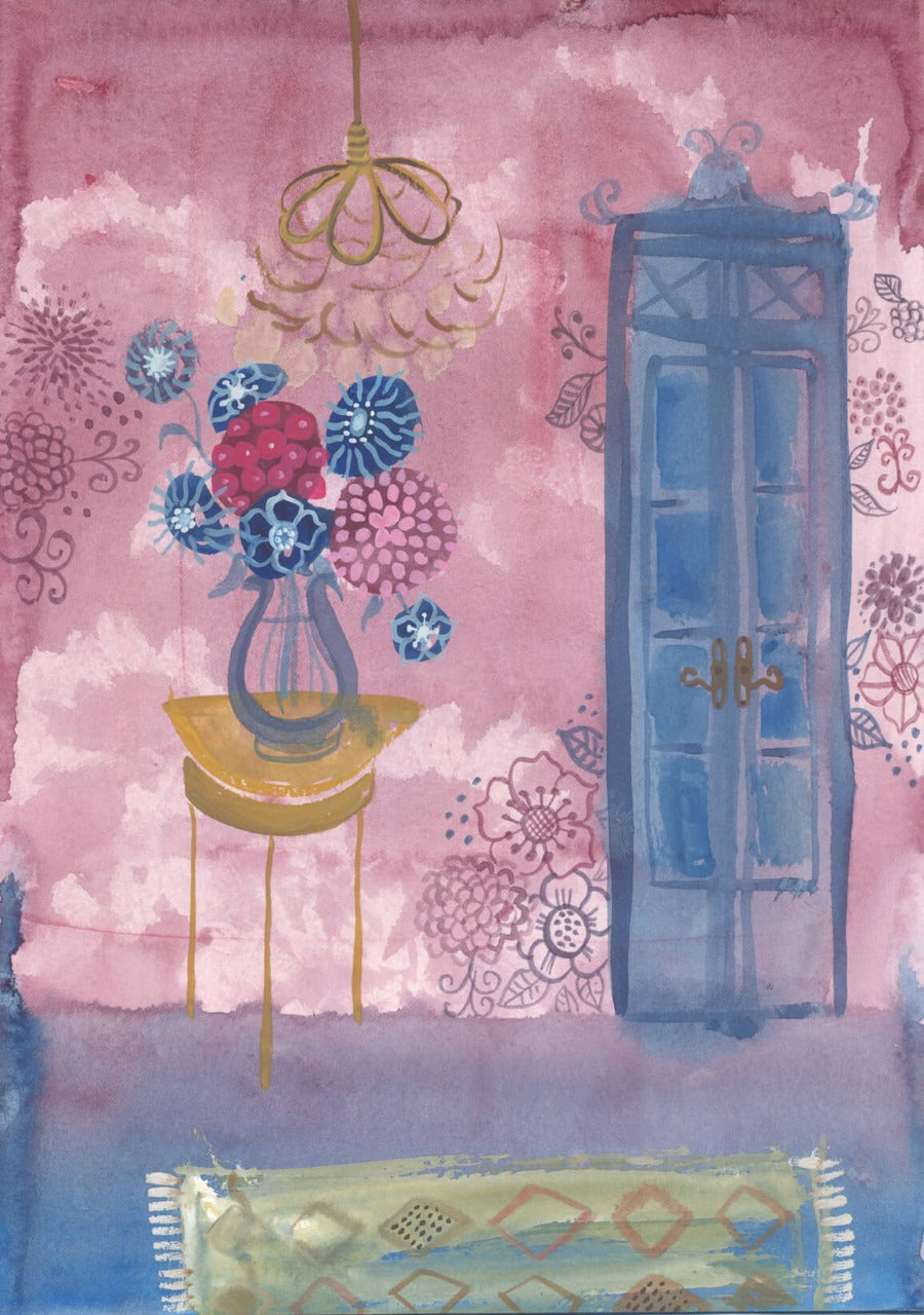 Paris Room Pink Wallpaper by Trina Dalziel, a painting of a room with pink wallpaper. | Original art for sale at The Biscuit Factory Newcastle.