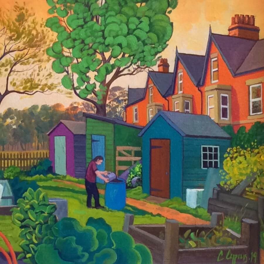Park Gardens by Chris Cyprus, an original oil painting of a person working in shared gardens.| Original art for sale at The Biscut Factory Newcastle
