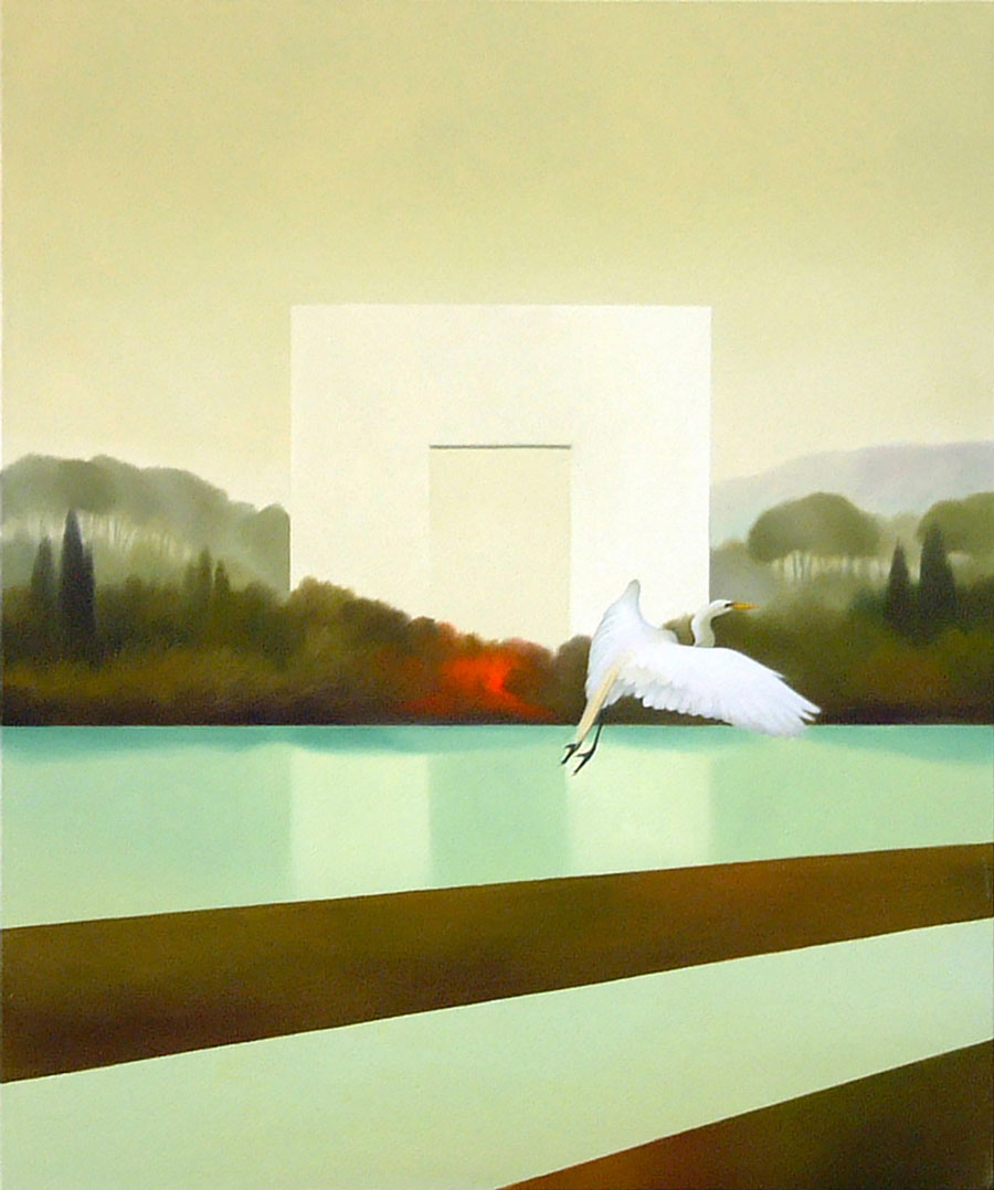 Buy 'Passaggio del Fuoco' an original oil painting by Cesare Reggiani. Image shows a section of a larger painting - an oil landscape with mountains and trees in the background and a lake running through the centre of the canvas. A large off-white block emerges from the treeline and a white swan glides across the canvas to the right in the foreground