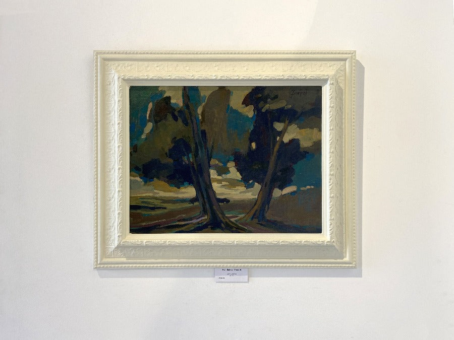 View and buy original artwork online from The Biscuit Factory. 'Path Between the Trees VI' a landscape painting by Garry Courtnell. Image shows a landscape painting of tall brown trees arranged in a v-shape at the centre hanging on a white wall in a rustic cream frame.