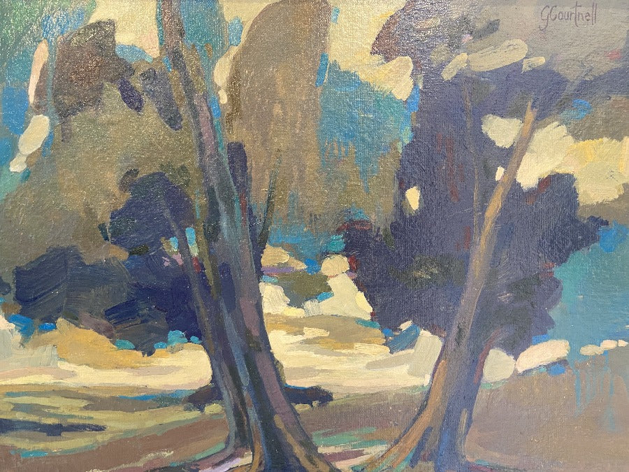 View and buy original artwork online from The Biscuit Factory. 'Path Between the Trees VI' a landscape painting by Garry Courtnell. Image shows a landscape painting of tall brown trees arranged in a v-shape at the centre.