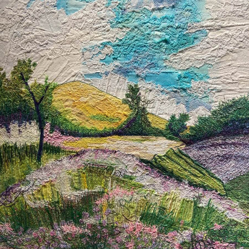 Phacelia Fields by Donna Cheshire, an original textile embroidery of a floral landscape. | Original textile art for sale at The Biscuit Factory Newcastle