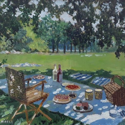 Picnic in the Park by Mike Hall, an original painting showing a picnic set in a sunny parkland. | Original art for sale at The Biscuit Factory Newcastle