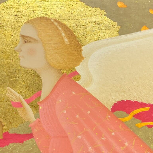 Pink Angel by Alexander Shibniov, an original painting of an angel in pink robes against a golden background. | Original art for sale at The Biscuit Factory Newcastle.