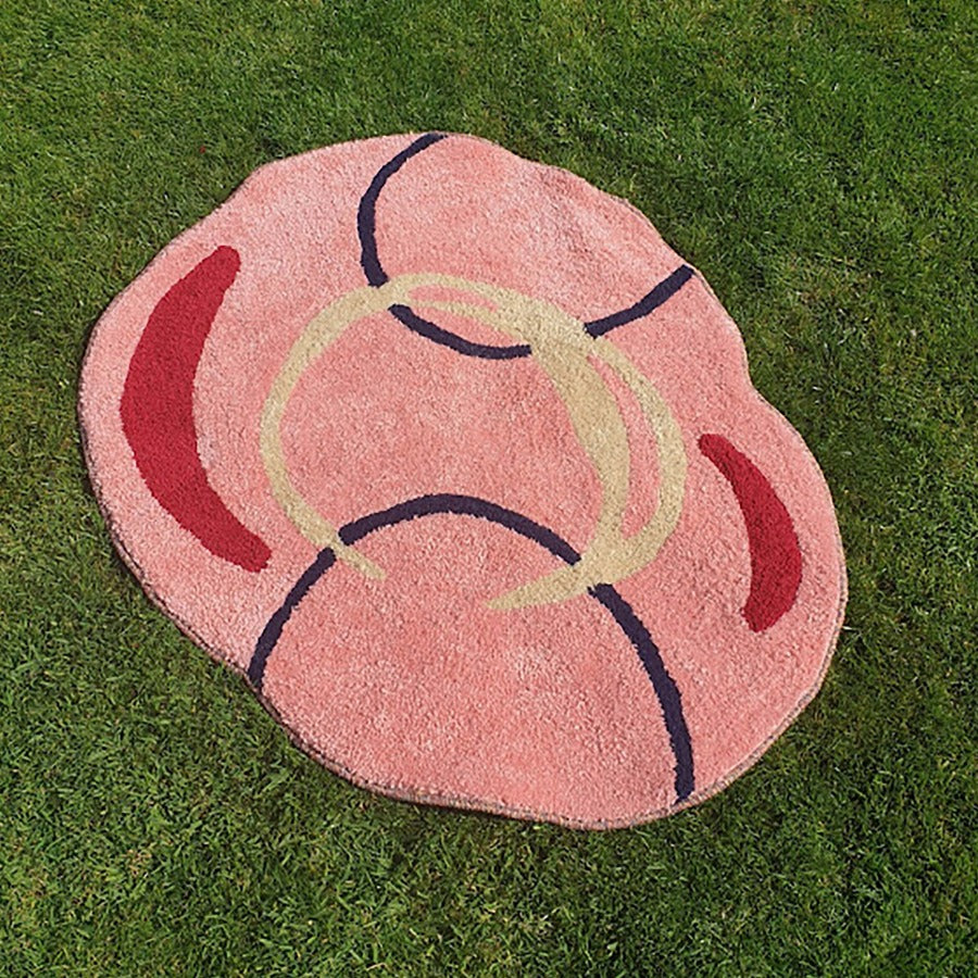 Pink Passion by Loop and Yarn, a handmade acrylic wool rug in pink, blue and cream. | Original textile art for sale at The Biscuit Factory Newcastle.