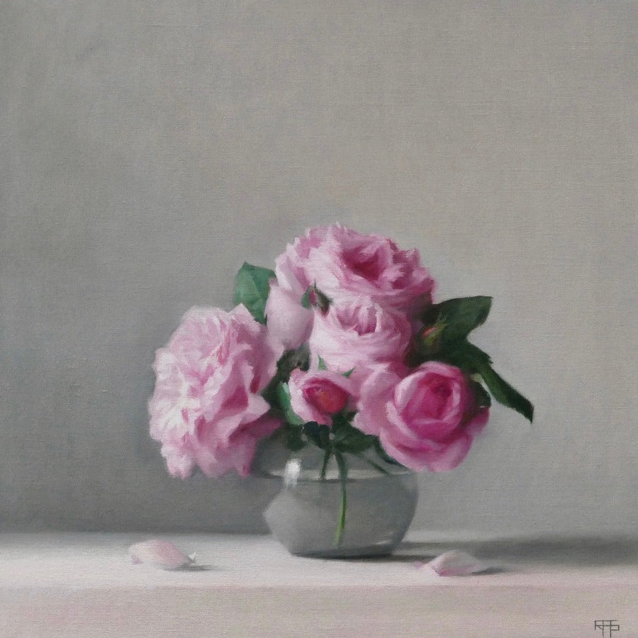 Pink Roses by Raquel Alvarez Sardina, an original still life painting of a vase of pink roses. | Contemporary still life paintings for sale at The Biscuit Factory Newcastle