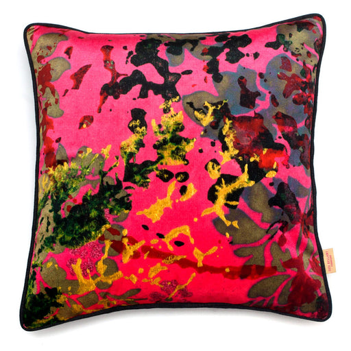 Buy original handmade cushions by textile artist Susi Bellamy. Image shows a velvet cushion featuring an abstract print of yellow, khaki, navy and black resembling foliage.