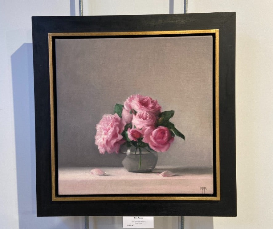 Pink Roses by Raquel Alvarez Sardina, an original still life painting of a vase of pink roses. | Contemporary still life paintings for sale at The Biscuit Factory Newcastle