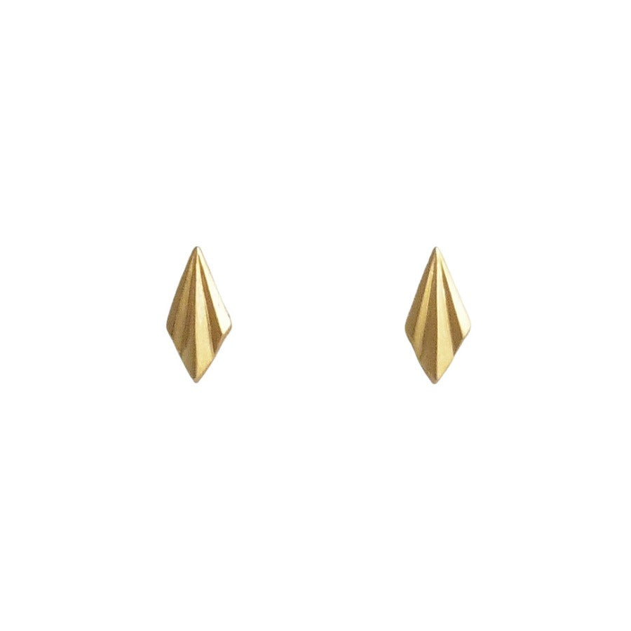 Pleated Tiny Studs by Alice Barnes at The Biscuit Factory. Image shows a pair of gold earrings in the shape of a triangle with a pleat in the centre.
