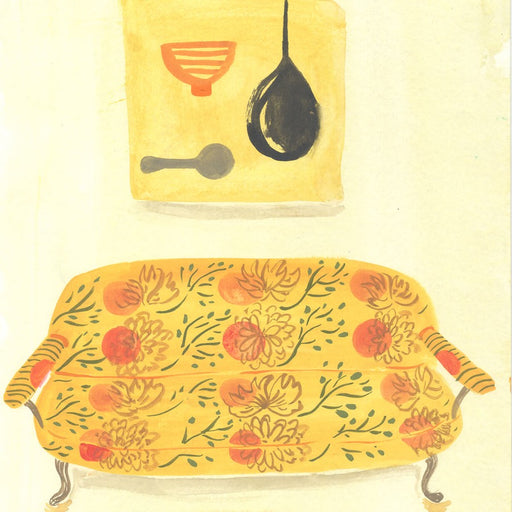 Rooms Sofa Yellow by Trina Dalziel, an original painting of a yellow patterned sofa with painting above. | Original art for sale at The Biscuit Factory Newcastle. 