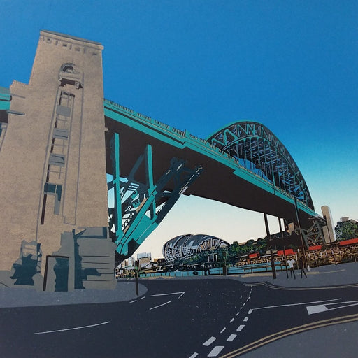 The Sage through the Tyne Bridge, original art for sale by Kevin Holdaway at The Biscuit Factory art gallery in Newcastle. Image shows a relief print of The Sage concert venue beneath the Tyne Bridge in Newcastle upon Tyne.
