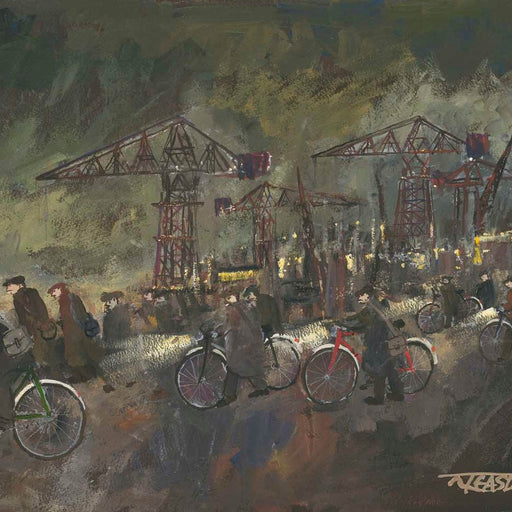 Shipyard Workers by Malcolm Teasdale, an original art print of figures with bycilcles beneath shipyard cranes. | Original art for sale at The Biscuit Factory Newcastle.