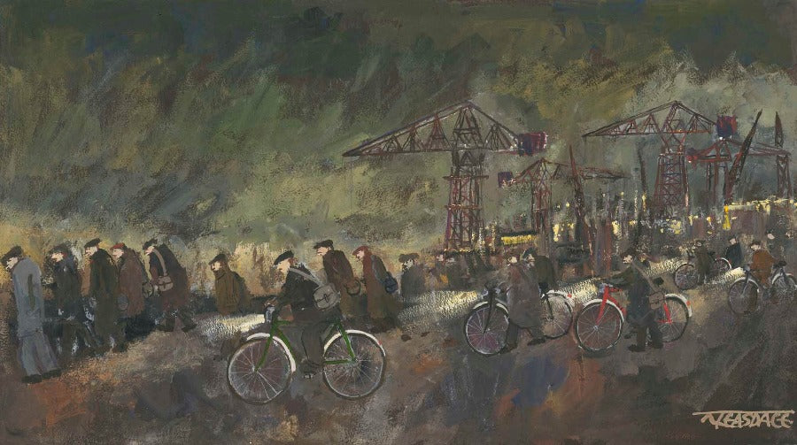 Shipyard Workers by Malcolm Teasdale, an original art print of figures with bycilcles beneath shipyard cranes. | Original art for sale at The Biscuit Factory Newcastle.