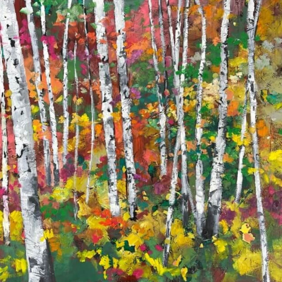 Silver Birches by Julie Dumbarton | Contemporary landscape painting for sale by Julie Dumbarton at The Biscuit Factory Newcastle 
