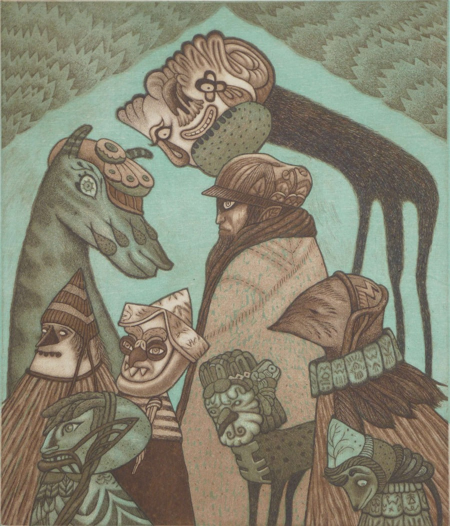 Silvertongue Arrives at Inverewe Gardens by Pamela Tait, an original etching and woodblock print in blues and browns of creatures surrounding a figure. | Find contemporary folk art for sale at The Biscuit Factory Newcastle.
