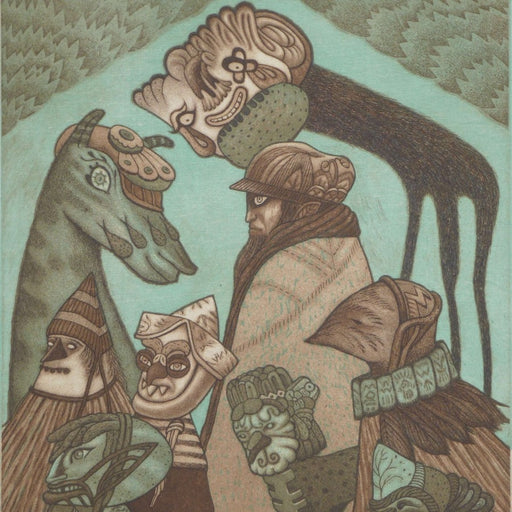 Silvertongue Arrives at Inverewe Gardens by Pamela Tait, an original etching and woodblock print in blues and browns of creatures surrounding a figure. | Find contemporary folk art for sale at The Biscuit Factory Newcastle.