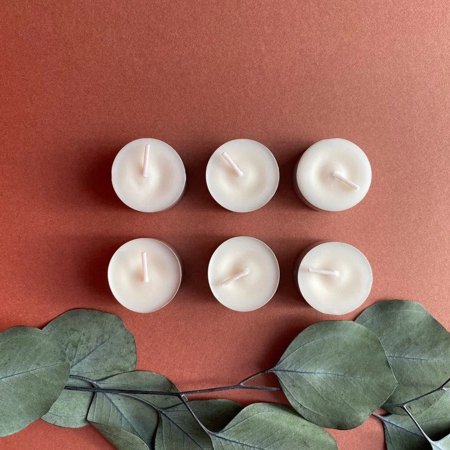 Lichen Oakmoss Candles by Bous Candles, six aromatherapy tealight candles on a pink background. | Handmade gifts for sale at The Biscuit Factory Newcastle