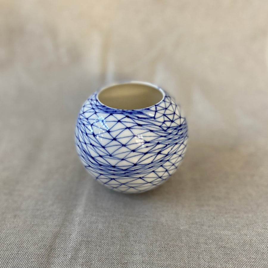 Triangle Net Moon Jar by Tamsin Arrowsmith-Brown, a white porcelain pot with blue decoration. | Handmade ceramics for sale at The Biscuit Factory Newcastle