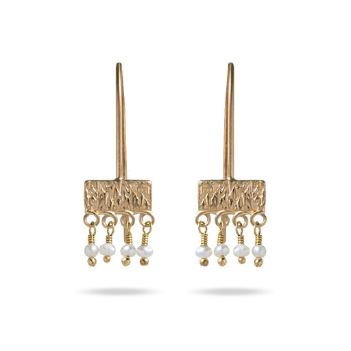 Buy handmade gold and fresh water pearl 'stamped srop' earrings by Mim Best online at The Biscuit Factory. Image shows a pair of gold earrings on a white background. Each earring has a straight wire with a textured rectangular bar across the bottom. Hanging side by side from the bottom are four spherical freshwater pearl beads.