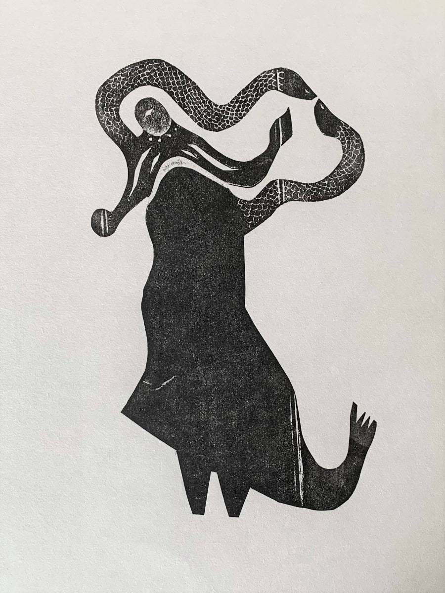 Snake Arms by Hannah Gaskarth, a collograph print of a figure with snake arms | Original art prints for sale at The Biscuit Factory Newcastle