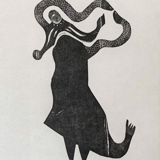 Snake Arms by Hannah Gaskarth, a collograph print of a figure with snake arms | Original art prints for sale at The Biscuit Factory Newcastle
