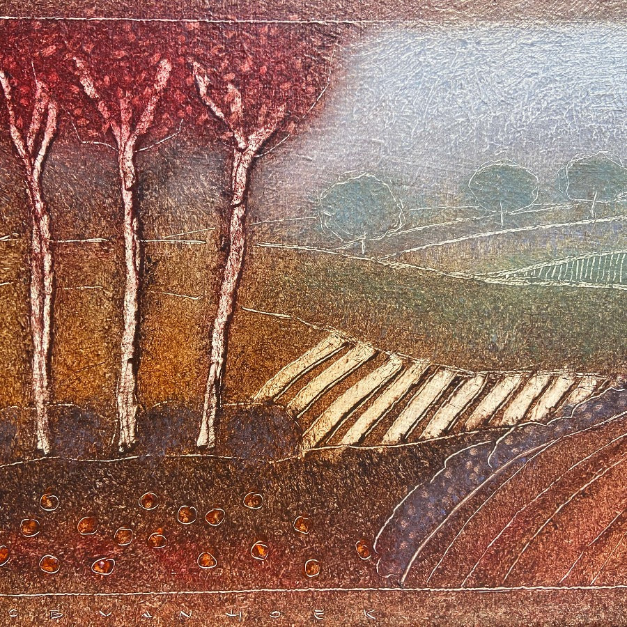 So Follow the Knowing Path Through the Trees I by Rob Van Hoek, an original landscape painting in autumnal colours. | Contemporary art for sale at The Biscuit Factory Newcastle