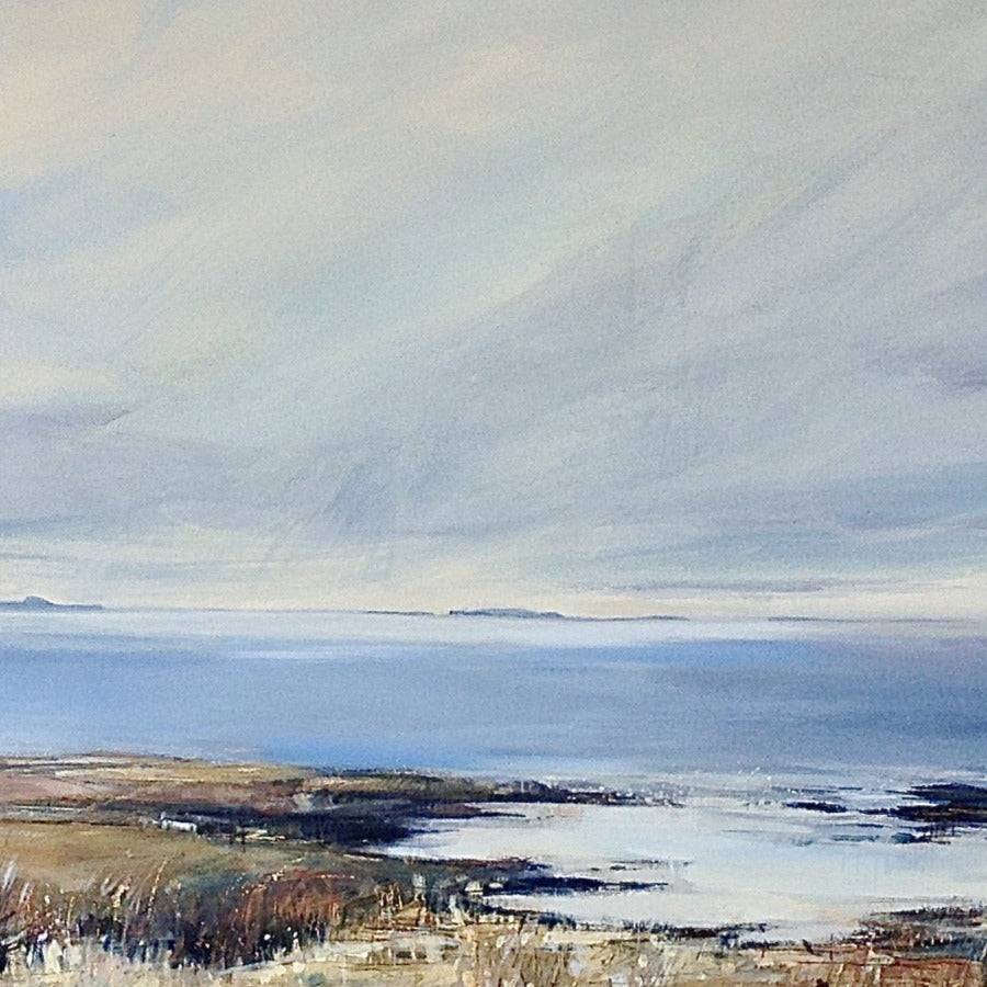 Image shows part of a tryptic painting of a seashore with islands on the horizon. Original art for sale by Sarah Carrington at The Biscuit Factory art gallery in Newcastle