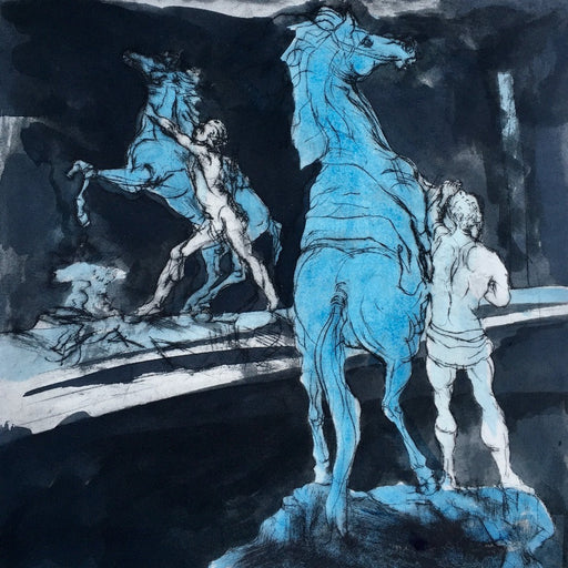 'Startled Horses' by Mike Moor is an original drypoint print showing two white men in robes each holding rearing blue horses. Find this original artwork for sale at The Biscuit Factory art gallery.