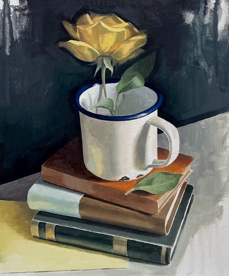 Still Life with Yellow Rose by Angelo Murphy, an original still life oil painting of a yellow rose in an enamel cup. | Contemporary still life paintings for sale at The Biscuit Factory Newcastle.