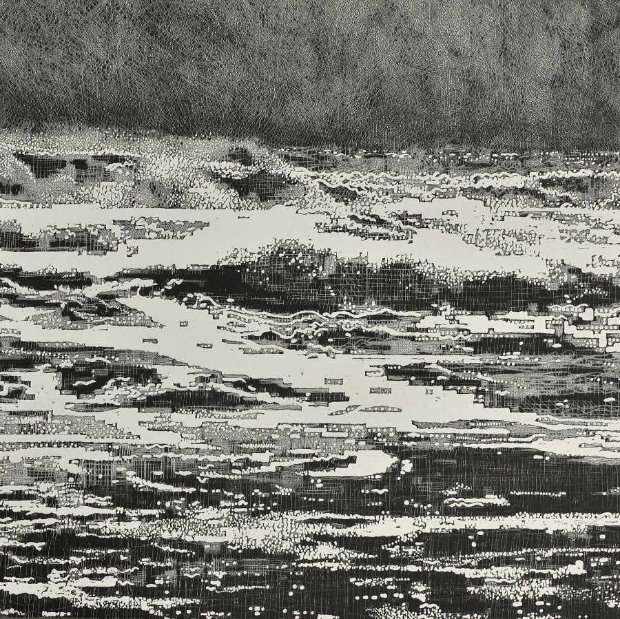 Buy 'Storm Waves III', an original mixed media artwork by Trevor Price. Image shows a square black and white print of abstracted waves breaking into the sea
