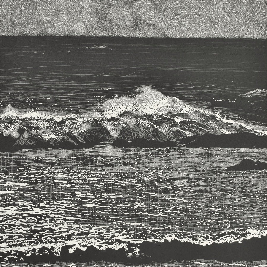 Buy 'Storm Waves VI', an original mixed media artwork by Trevor Price. Image shows a square black and white print of abstracted waves breaking into the sea