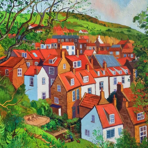Summer Bay by Chris Cyprus, an original oil painting of a riral village. | Original art for sale at The Biscuit Factory Newcastle
