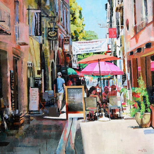 Summer Haze II by Mark Sofilas, a colourful original painting of a narrow city street in summer. | Original art for sale at The Biscuit Factory Newcastle