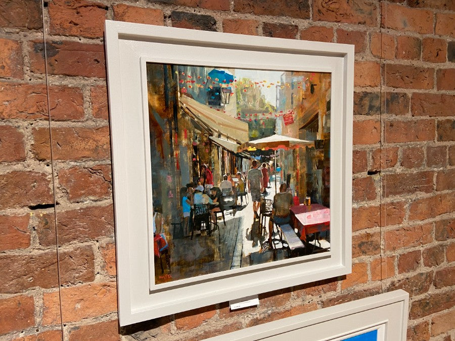 Summer Haze by Mark Sofilas, a colourful original painting of a narrow city street in summer. | Original art for sale at The Biscuit Factory Newcastle