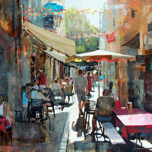 Summer Haze by Mark Sofilas, a colourful original painting of a narrow city street in summer. | Original art for sale at The Biscuit Factory Newcastle