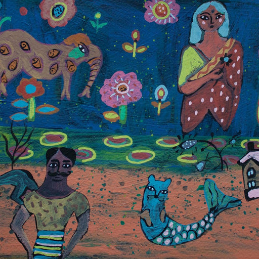 Summer Nights by Sudeshna Chattopadhyay, an original folk art painting depicting animals and people. | Original art for sale at The Biscuit Factory Newcastle.