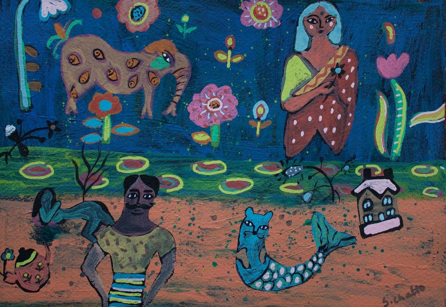 Summer Nights by Sudeshna Chattopadhyay, an original folk art painting depicting animals and people. | Original art for sale at The Biscuit Factory Newcastle.