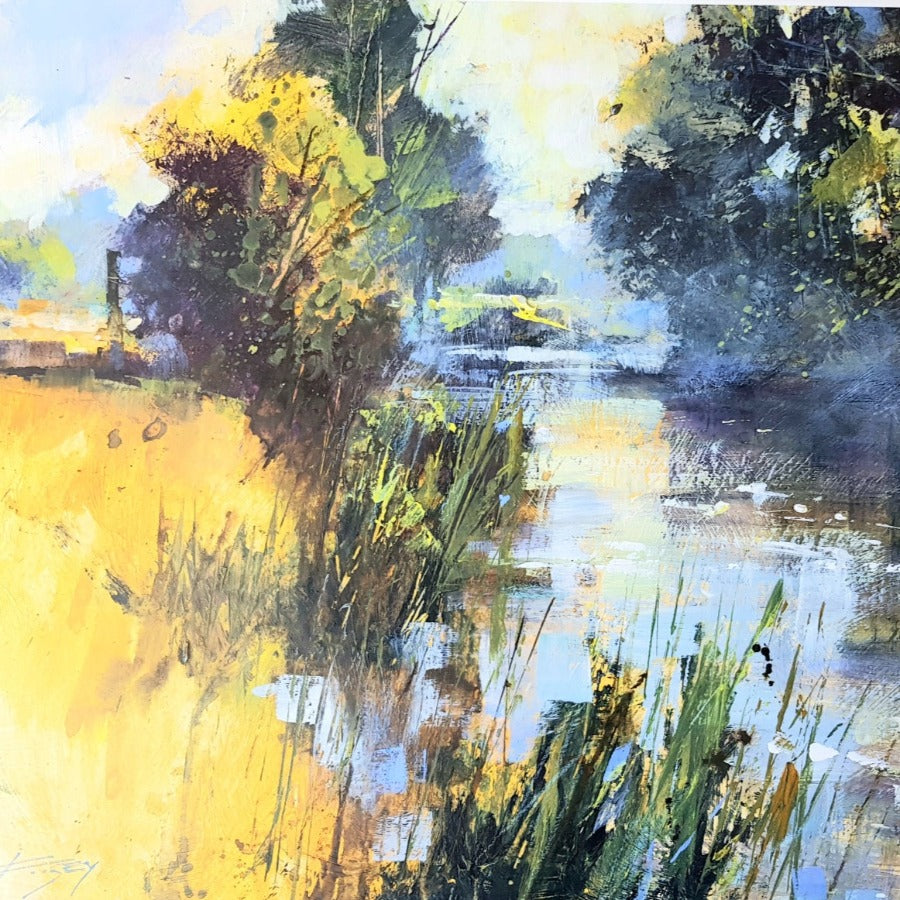 Summer Morning Mist by Chris Forsey, an expressive landscape painting of a river bank. | Original landscape paintings for sale at The Biscuit Factory