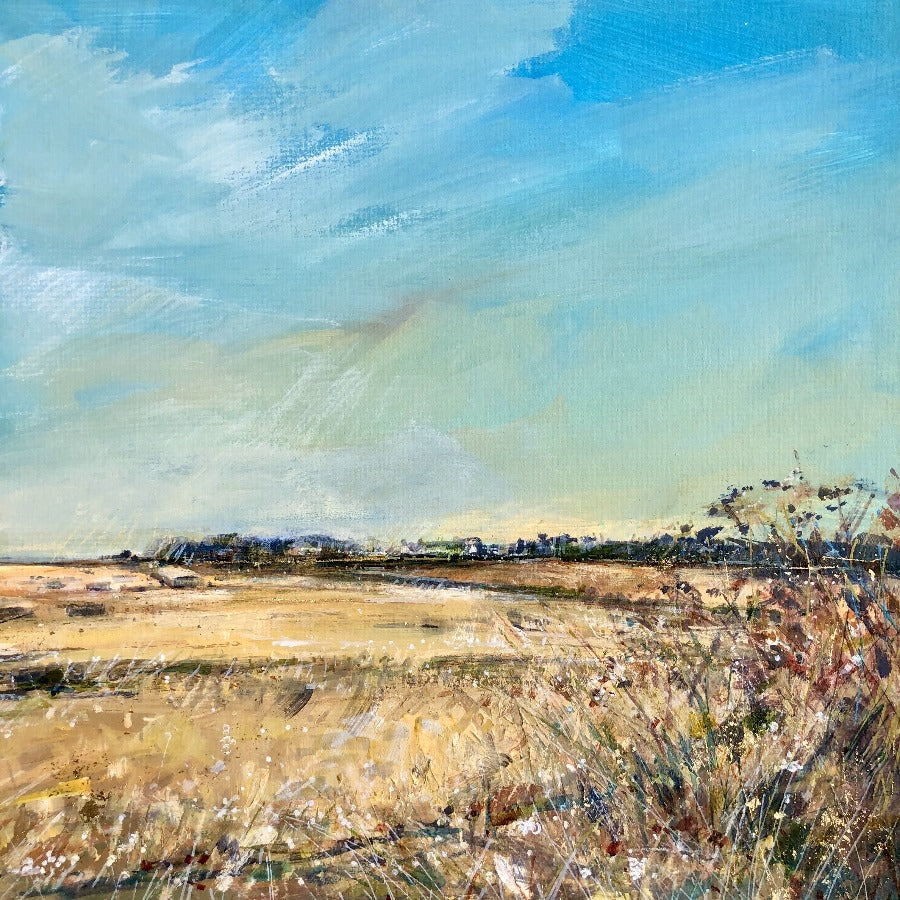 Image shows a landscape painting of yellow fields and blue sky. 'Summer Fields' original art for sale by Sarah Carrington at The Biscuit Factory art gallery in Newcastle