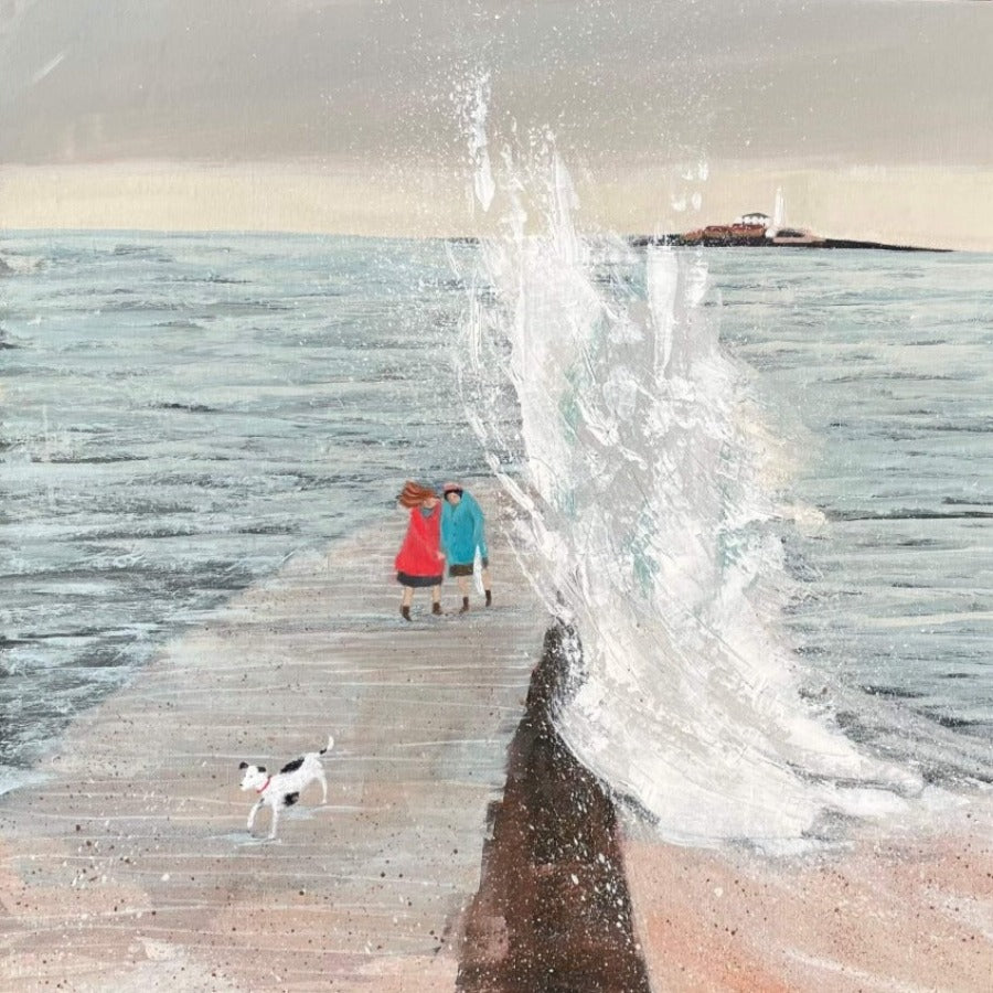 Sunday Best, an original painting by Barbara Peirson of two figures walking on a pier with crashing waves.  For sale at The Biscuit Factory art gallery .