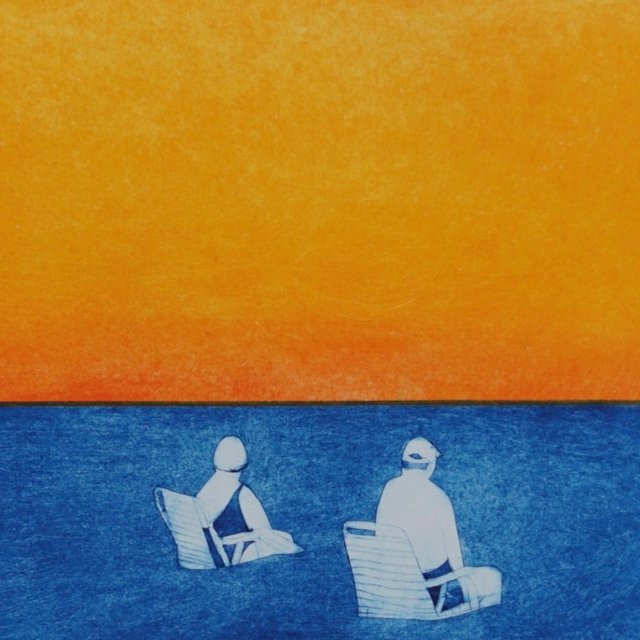 Sunset Addicts by Sarah Morgan, a collagraph print of a couple looking at a sunset. | Original art for sale at The Biscuit Factory Newcastle