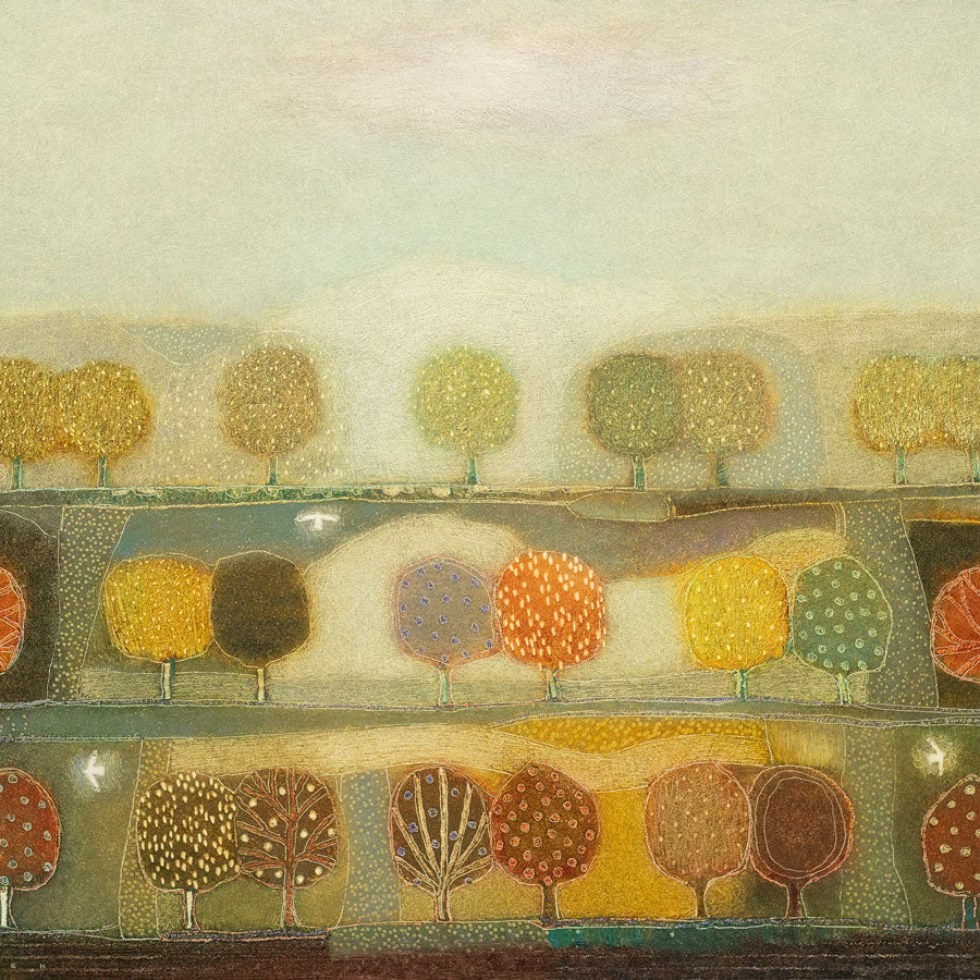 'Light through the Trees', an original painting by Dutch artist Rob Van Hoek at The Biscuit Factory. Image shows a section of a larger painting - an abstracted landscape with 3 rows of patterned trees stacked vertically and three white birds scattered across. The colours fade from dark orange/brown and green at the bottom to pale green and yellow at the top